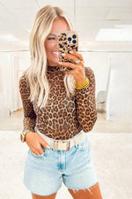 Brown Leopard Mock Neck Long Sleeve Mesh Top - MarkoFit