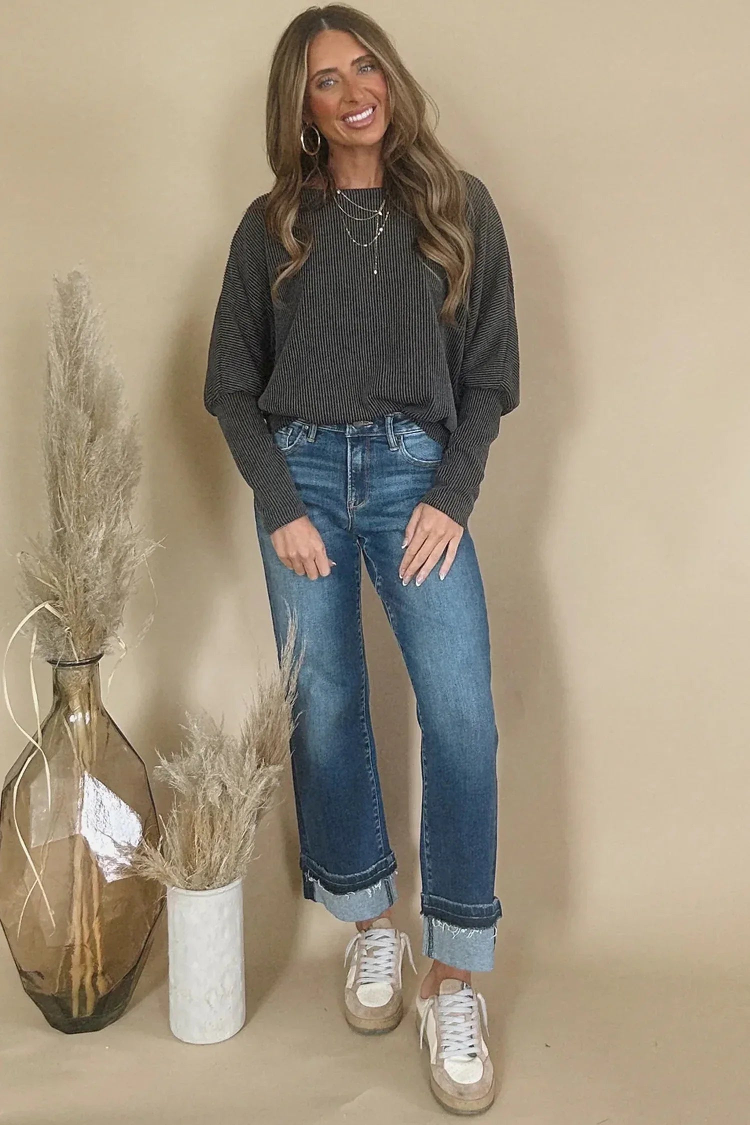 Carbon Grey Twisted Ribbed Dolman Long Sleeve Top - MarkoFit