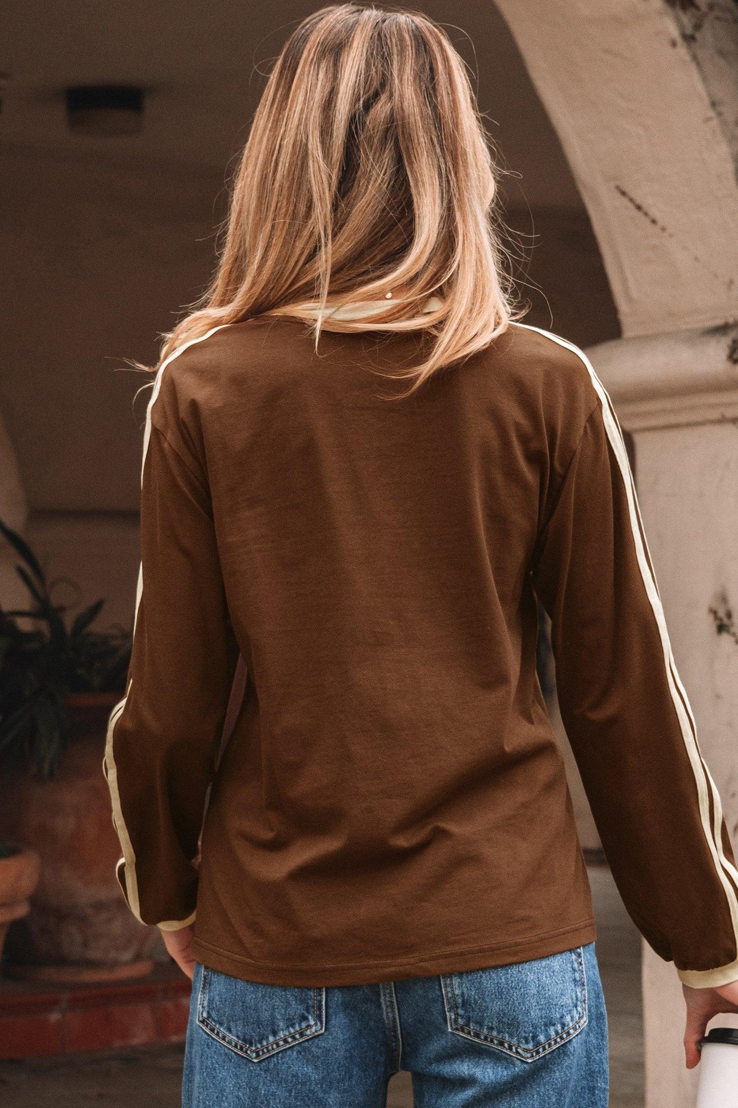 Dark Brown Varsity Striped Accent Contrast Crew Neck Long Sleeve T Shirt - MarkoFit