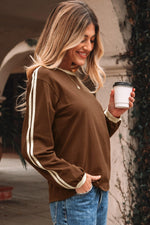 Dark Brown Varsity Striped Accent Contrast Crew Neck Long Sleeve T Shirt - MarkoFit