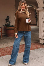 Dark Brown Varsity Striped Accent Contrast Crew Neck Long Sleeve T Shirt - MarkoFit