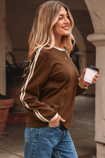 Dark Brown Varsity Striped Accent Contrast Crew Neck Long Sleeve T Shirt - MarkoFit