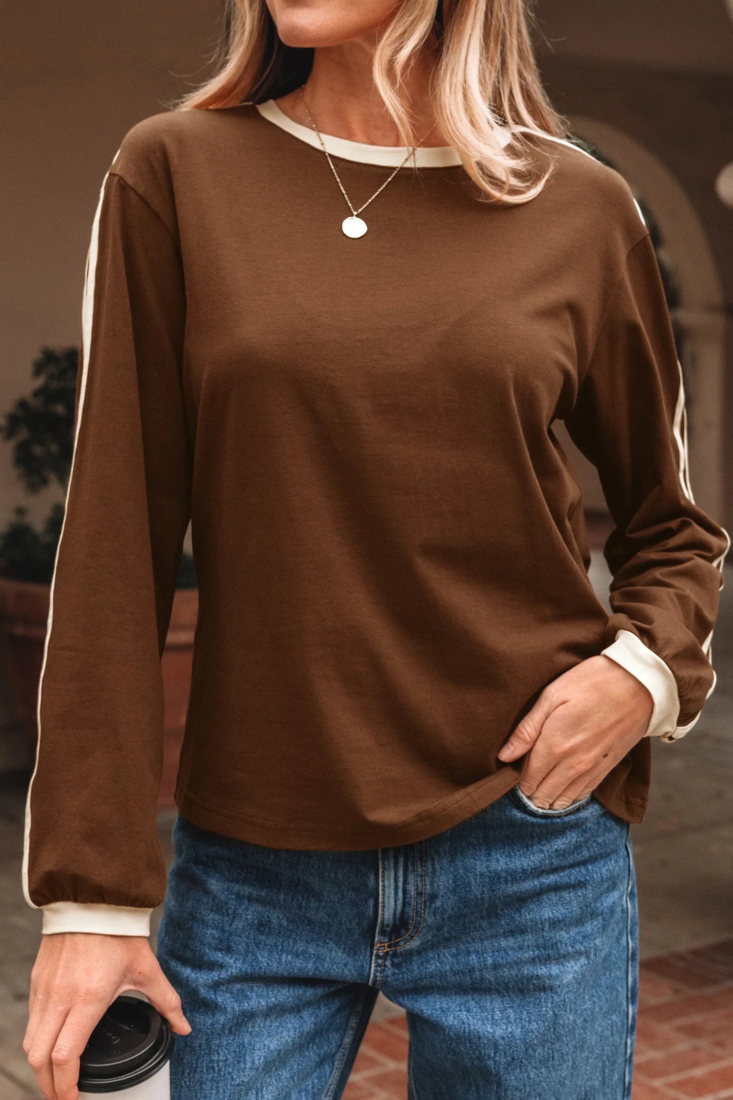 Dark Brown Varsity Striped Accent Contrast Crew Neck Long Sleeve T Shirt - MarkoFit