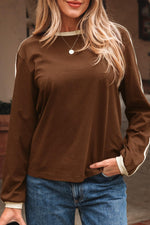 Dark Brown Varsity Striped Accent Contrast Crew Neck Long Sleeve T Shirt - MarkoFit