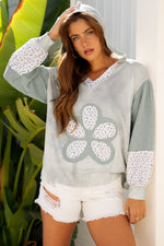 Green Floral Patched Waffle Textured Colorblock V Neck Casual Hooded Top - MarkoFit