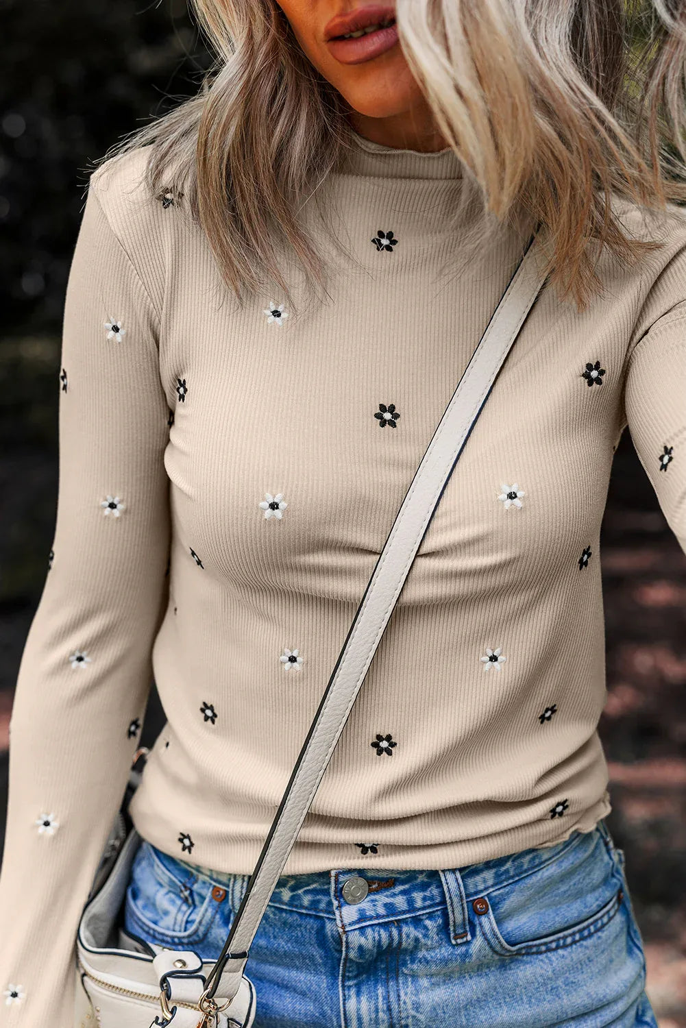 Jet Stream Floral Embroidered Detail Ribbed Long Sleeve Top - MarkoFit