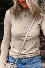 Jet Stream Floral Embroidered Detail Ribbed Long Sleeve Top - MarkoFit