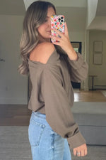 Old Rose Solid Color Waffle Knit Asymmetric Neck Long Sleeve Top - MarkoFit