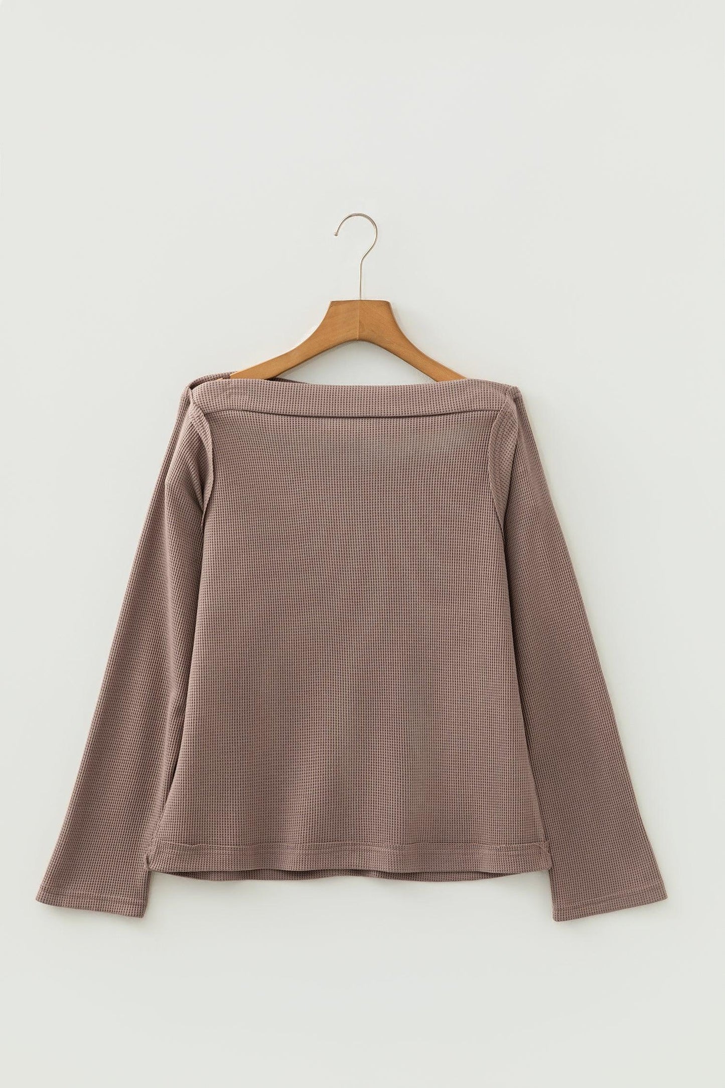 Old Rose Solid Color Waffle Knit Asymmetric Neck Long Sleeve Top - MarkoFit