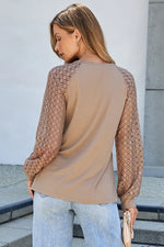 Parchment Lace Patchwork Long Raglan Sleeve Pleated Top - MarkoFit