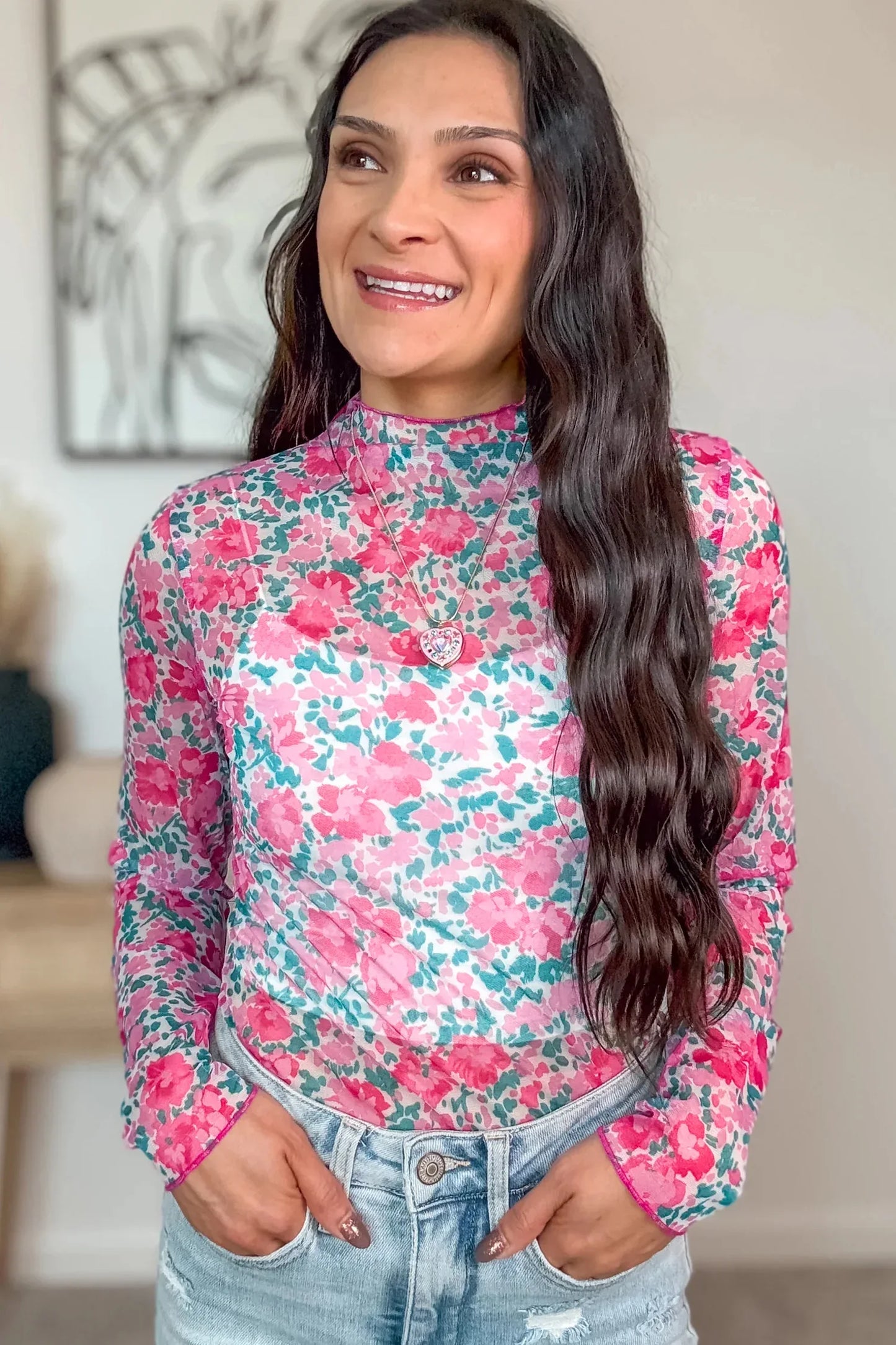 Pink Slim Fit Floral Mesh Long Sleeve Mock Neck Top - MarkoFit