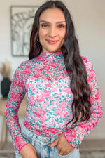 Pink Slim Fit Floral Mesh Long Sleeve Mock Neck Top - MarkoFit