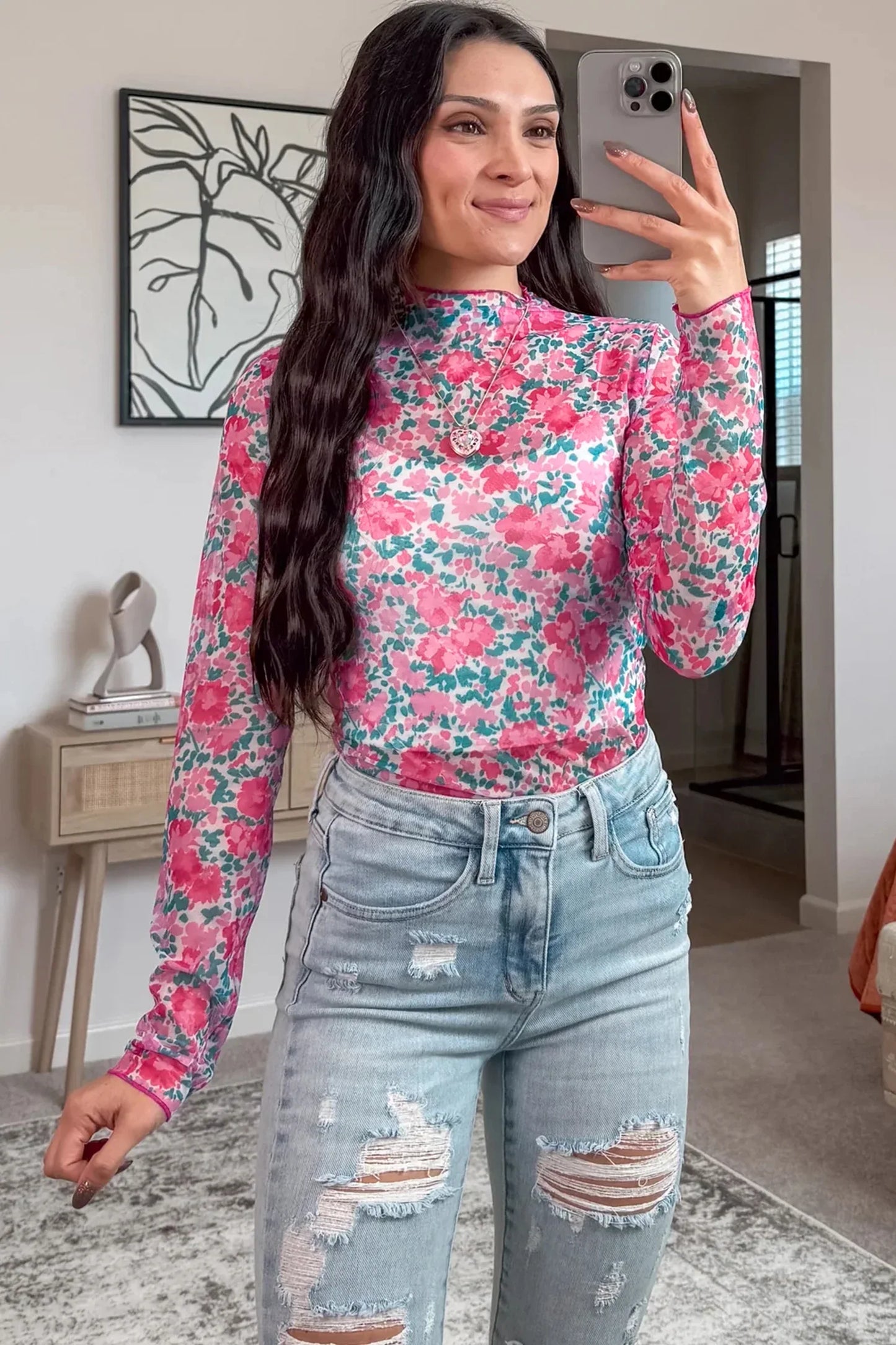 Pink Slim Fit Floral Mesh Long Sleeve Mock Neck Top - MarkoFit