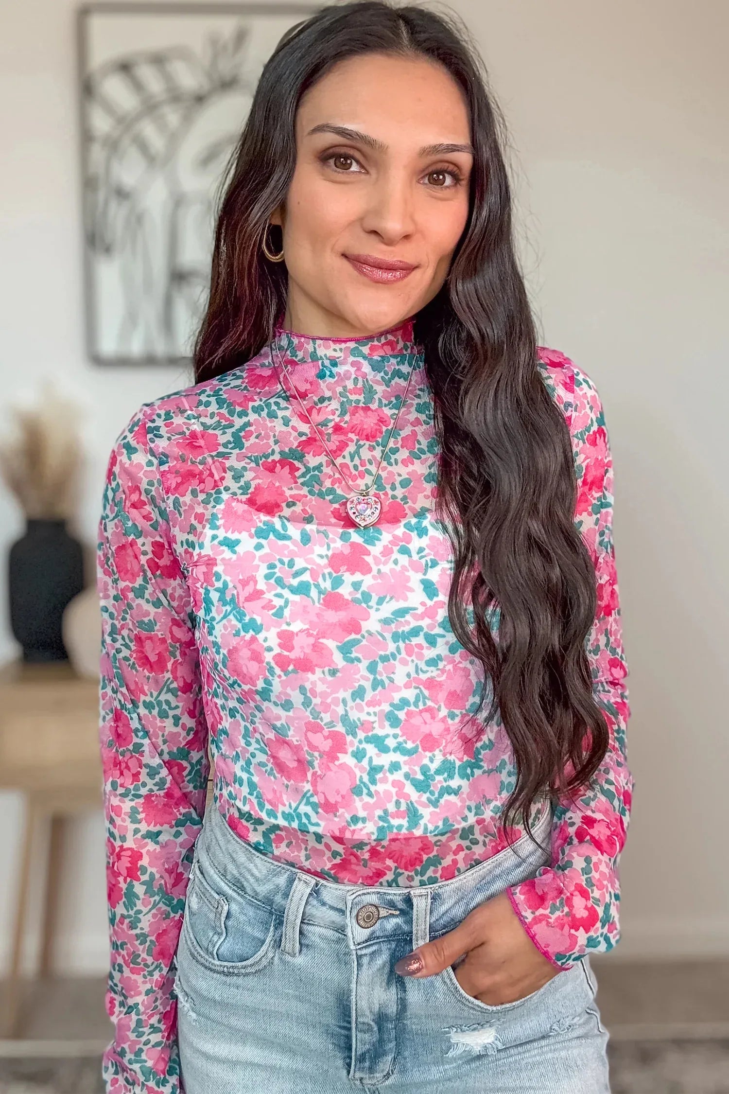 Pink Slim Fit Floral Mesh Long Sleeve Mock Neck Top - MarkoFit