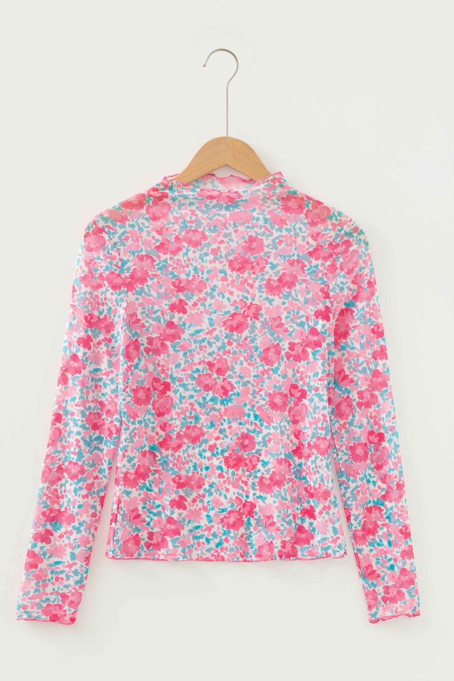 Pink Slim Fit Floral Mesh Long Sleeve Mock Neck Top - MarkoFit