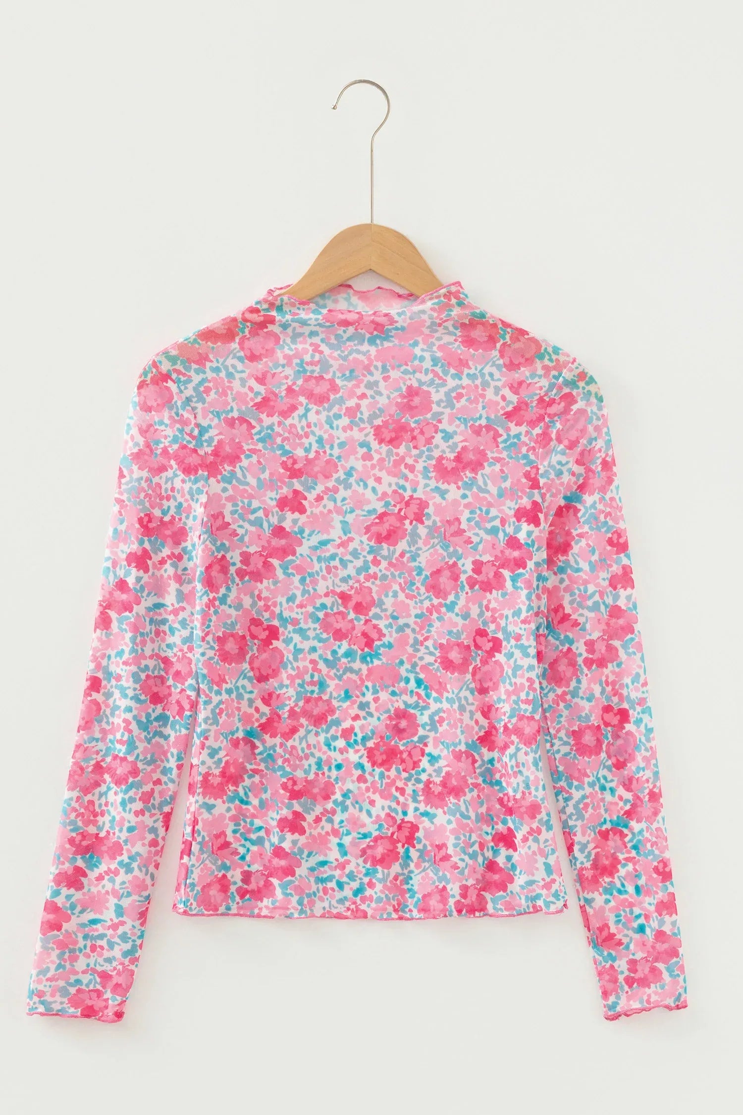 Pink Slim Fit Floral Mesh Long Sleeve Mock Neck Top - MarkoFit