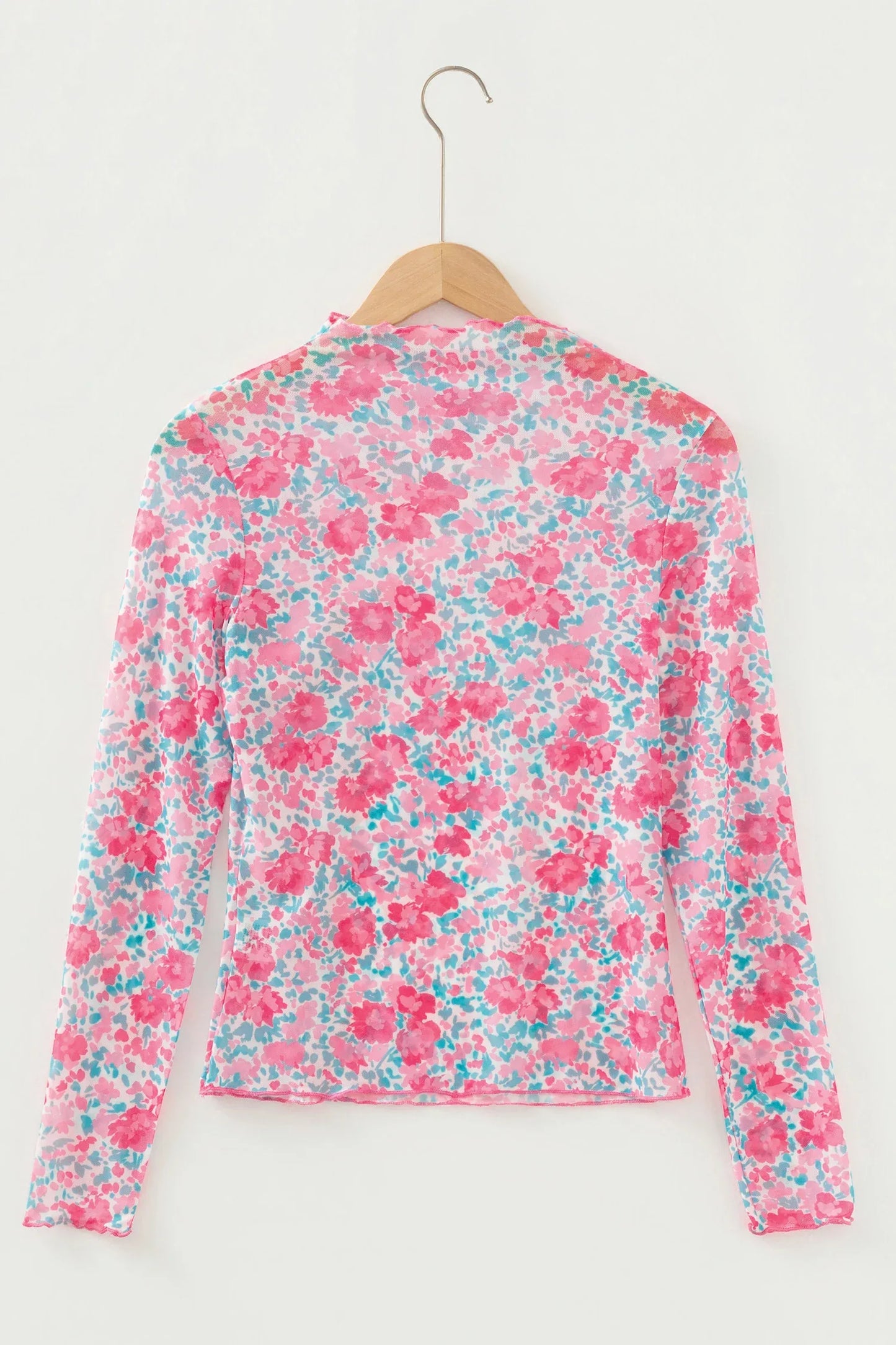 Pink Slim Fit Floral Mesh Long Sleeve Mock Neck Top - MarkoFit
