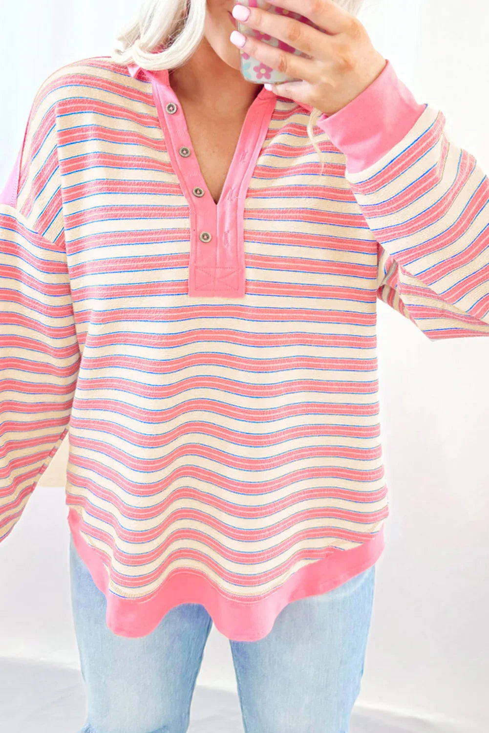 Pink Stripe Buttoned V Neck Collared Drop Shoulder Top - MarkoFit