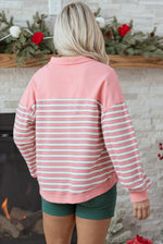 Pink Stripe Buttoned V Neck Collared Drop Shoulder Top - MarkoFit