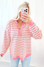 Pink Stripe Buttoned V Neck Collared Drop Shoulder Top - MarkoFit