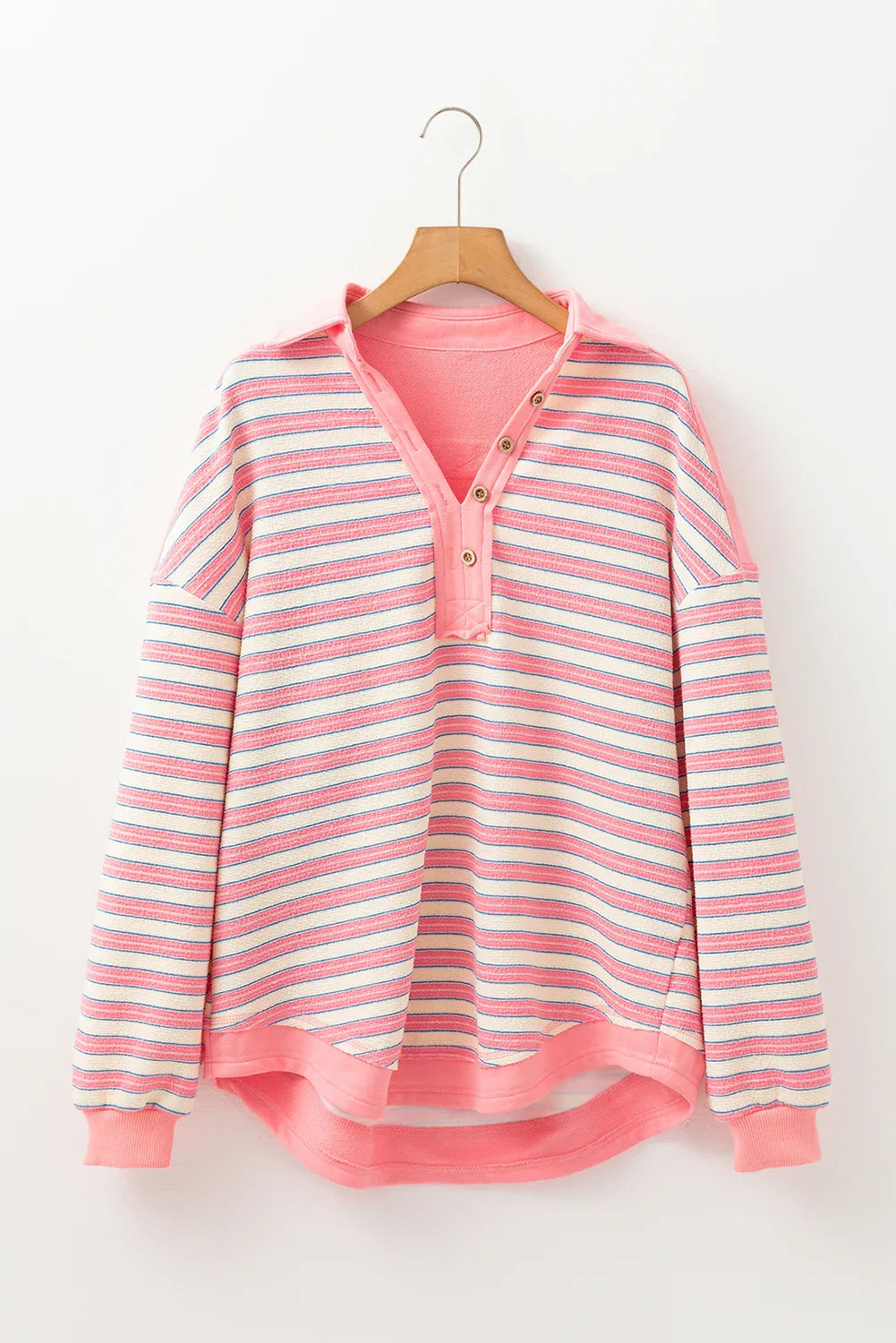 Pink Stripe Buttoned V Neck Collared Drop Shoulder Top - MarkoFit