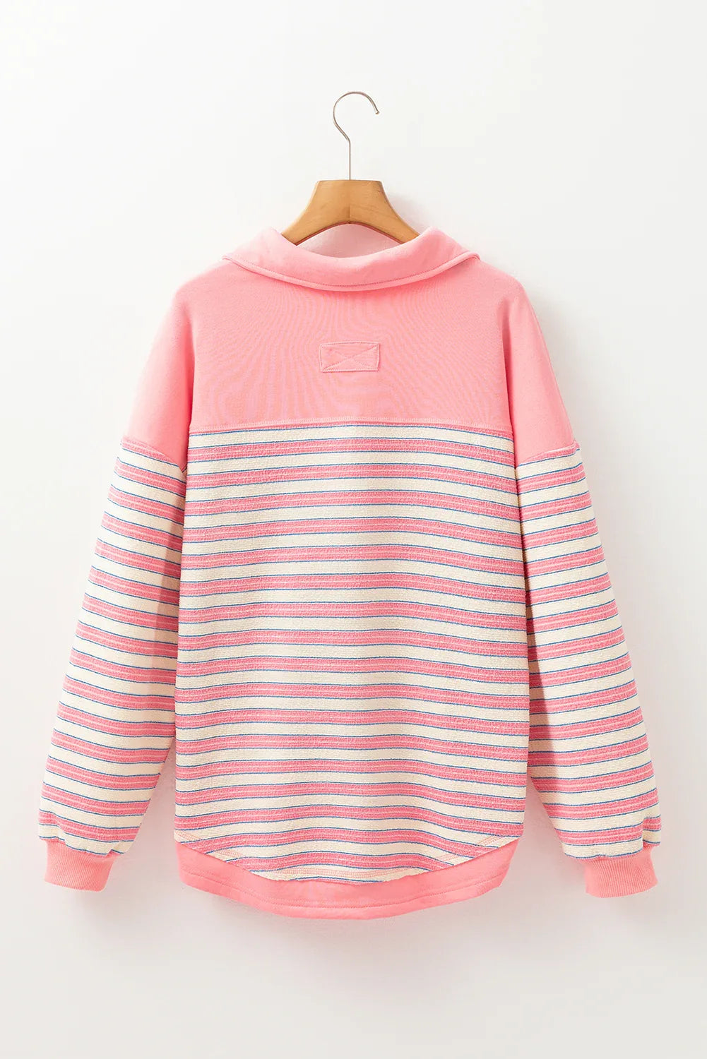 Pink Stripe Buttoned V Neck Collared Drop Shoulder Top - MarkoFit