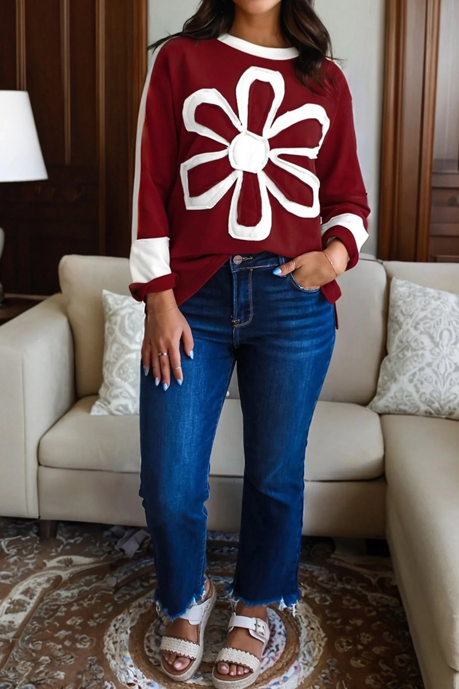 Red Dahlia Cheerful Daisy Flower Patched Round Neck Long Sleeve Top - MarkoFit