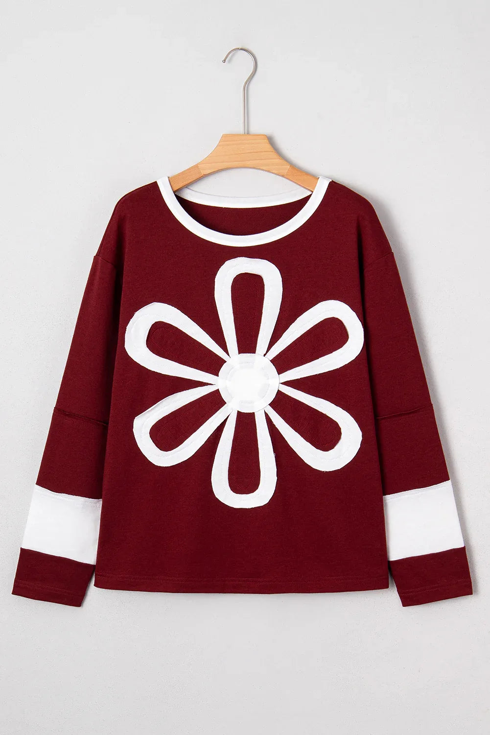 Red Dahlia Cheerful Daisy Flower Patched Round Neck Long Sleeve Top - MarkoFit