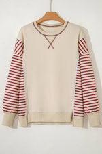 Red Stripe Sleeve Patchwork Casual Knit Top - MarkoFit
