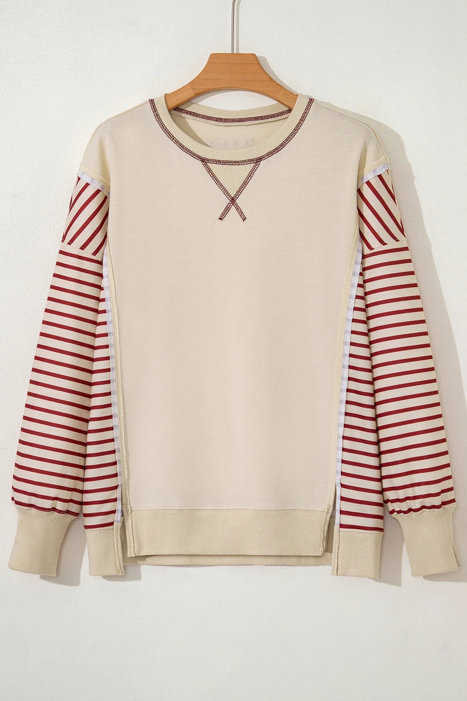 Red Stripe Sleeve Patchwork Casual Knit Top - MarkoFit