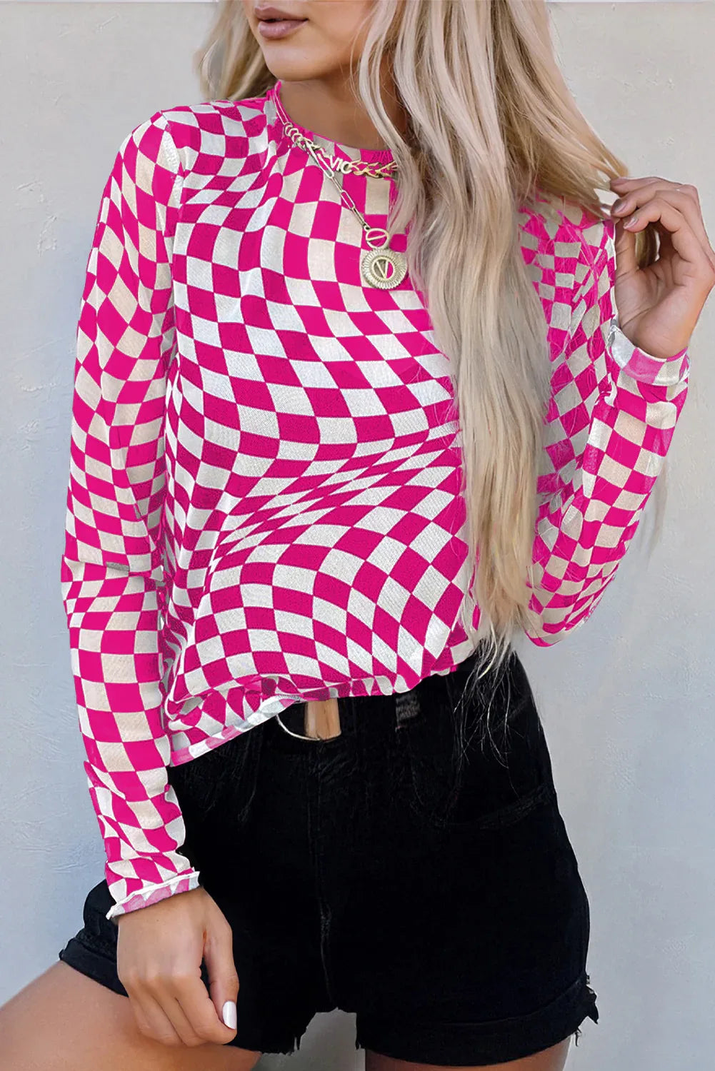 Rose Checkered Pattern Mesh Mock Neck Long Sleeve Top - MarkoFit