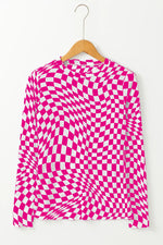 Rose Checkered Pattern Mesh Mock Neck Long Sleeve Top - MarkoFit
