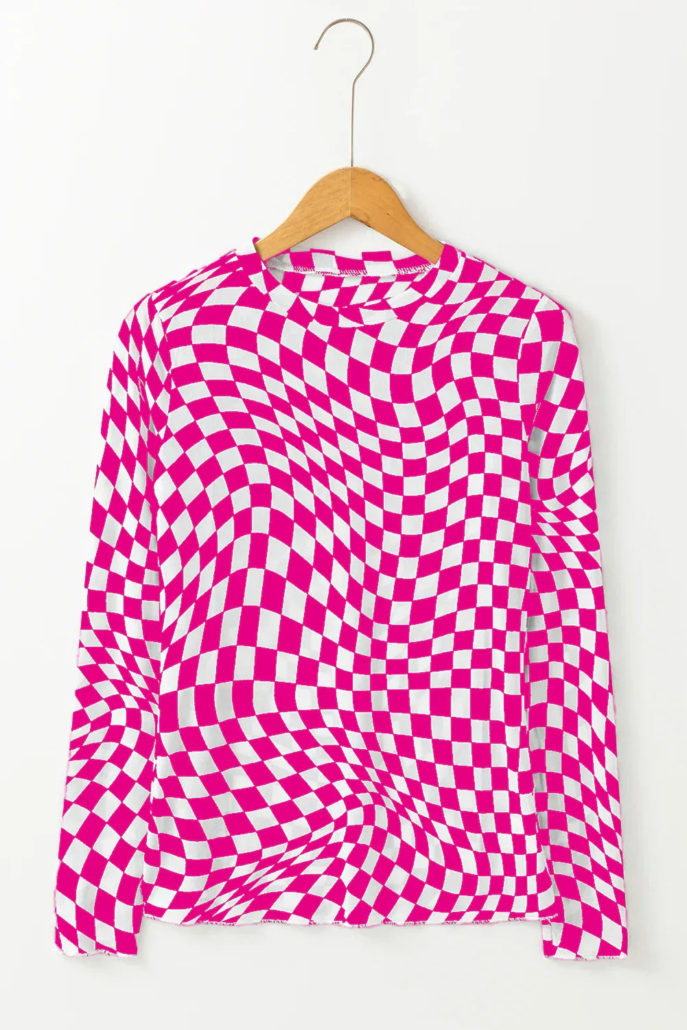 Rose Checkered Pattern Mesh Mock Neck Long Sleeve Top - MarkoFit
