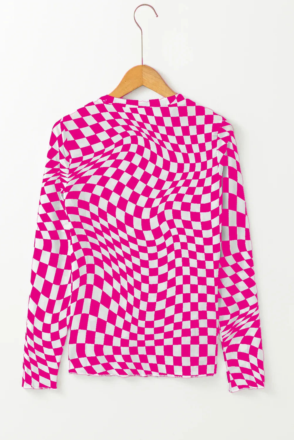 Rose Checkered Pattern Mesh Mock Neck Long Sleeve Top - MarkoFit