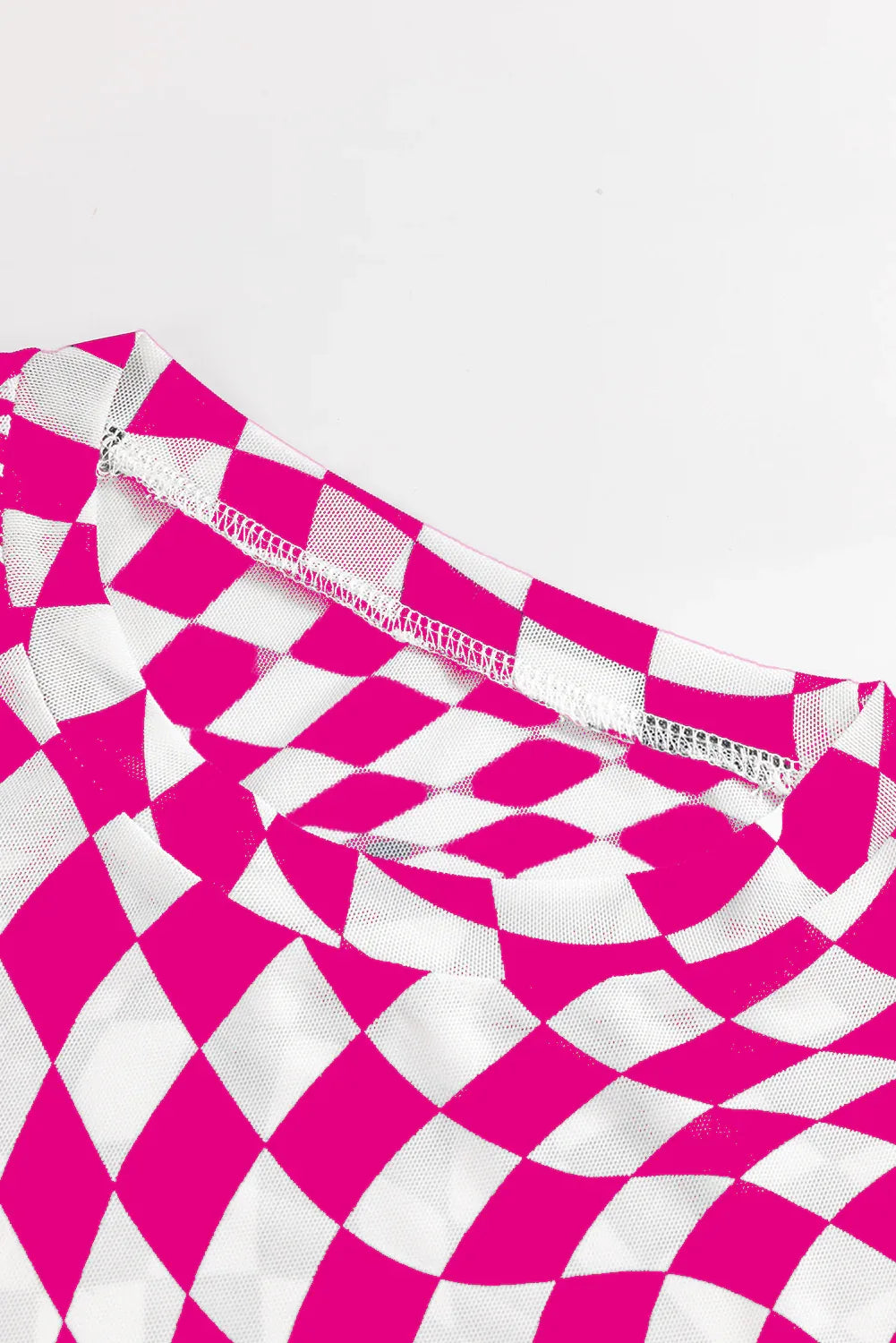 Rose Checkered Pattern Mesh Mock Neck Long Sleeve Top - MarkoFit