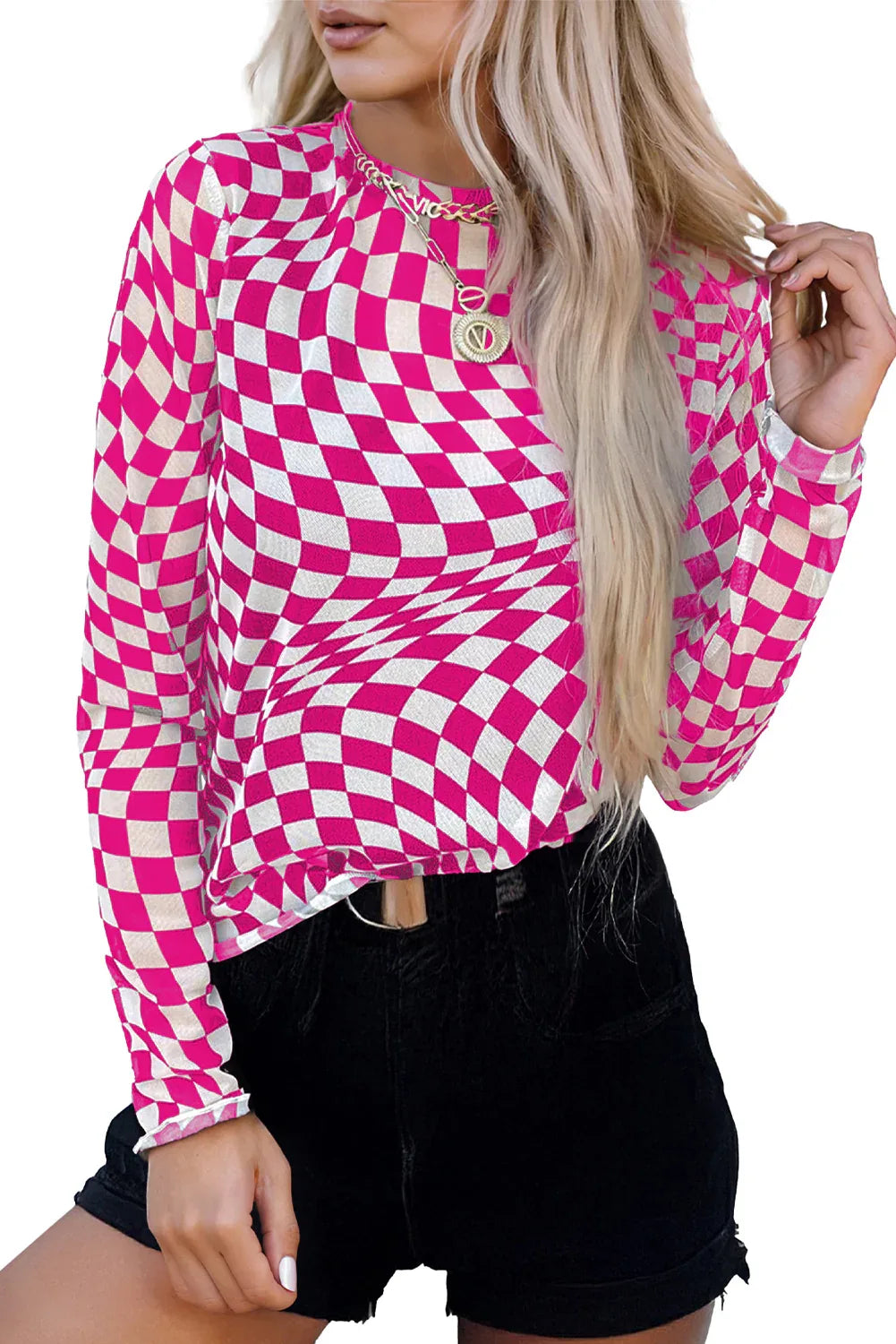 Rose Checkered Pattern Mesh Mock Neck Long Sleeve Top - MarkoFit