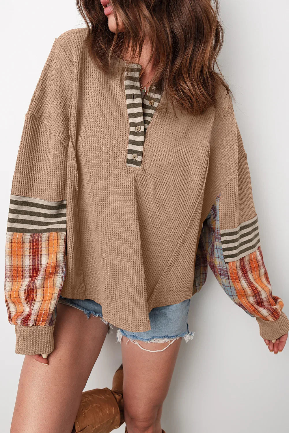 Straw Yellow Waffle Stripe Plaid Patchwork Henley Knit Top - MarkoFit