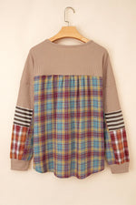 Straw Yellow Waffle Stripe Plaid Patchwork Henley Knit Top - MarkoFit