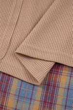 Straw Yellow Waffle Stripe Plaid Patchwork Henley Knit Top - MarkoFit