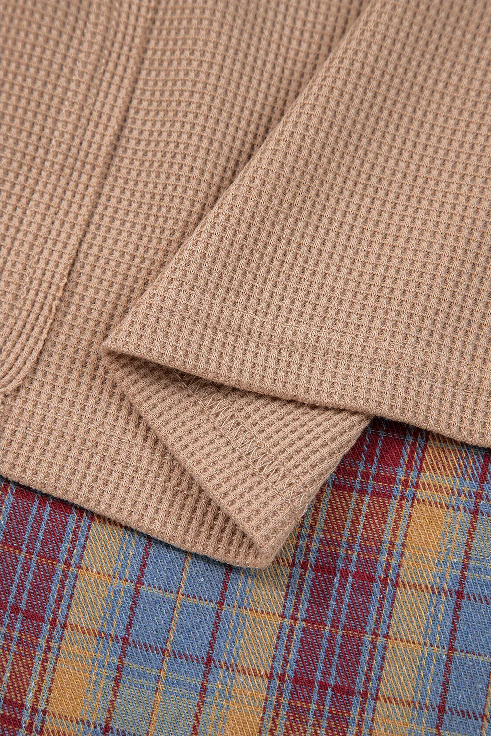 Straw Yellow Waffle Stripe Plaid Patchwork Henley Knit Top - MarkoFit