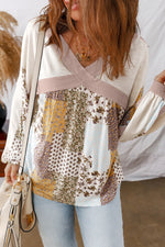 White Floral Printed Contrast Patchwork Long Sleeve Top - MarkoFit