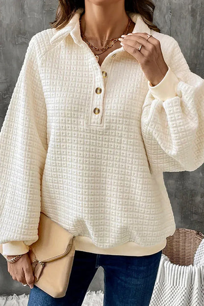 Beige Pineapple Textured Half Button Collared Sweatshirt - MarkoFit