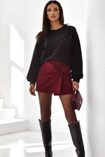 Black Rhinestone Embellished Drop Shoulder Ribbed Cuffs Wholesale Sweatshirt - MarkoFit