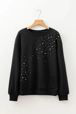 Black Rhinestone Embellished Drop Shoulder Ribbed Cuffs Wholesale Sweatshirt - MarkoFit