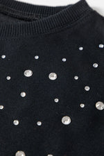Black Rhinestone Embellished Drop Shoulder Ribbed Cuffs Wholesale Sweatshirt - MarkoFit