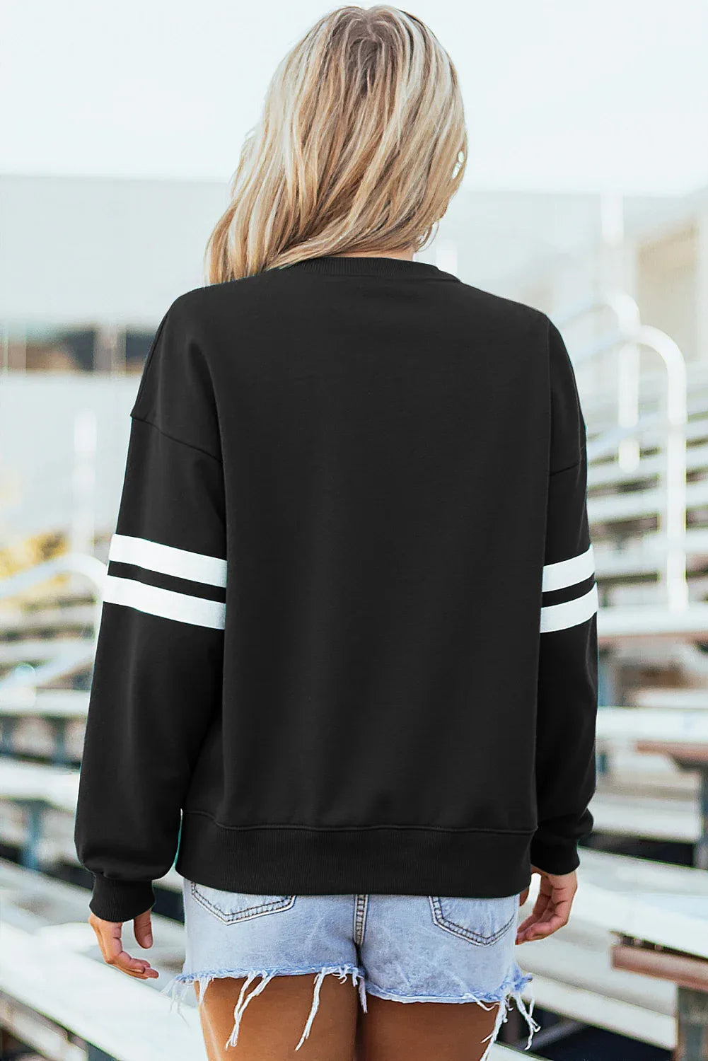Black Varsity Striped Detail Drop Shoulder Oversized Sweatshirt - MarkoFit