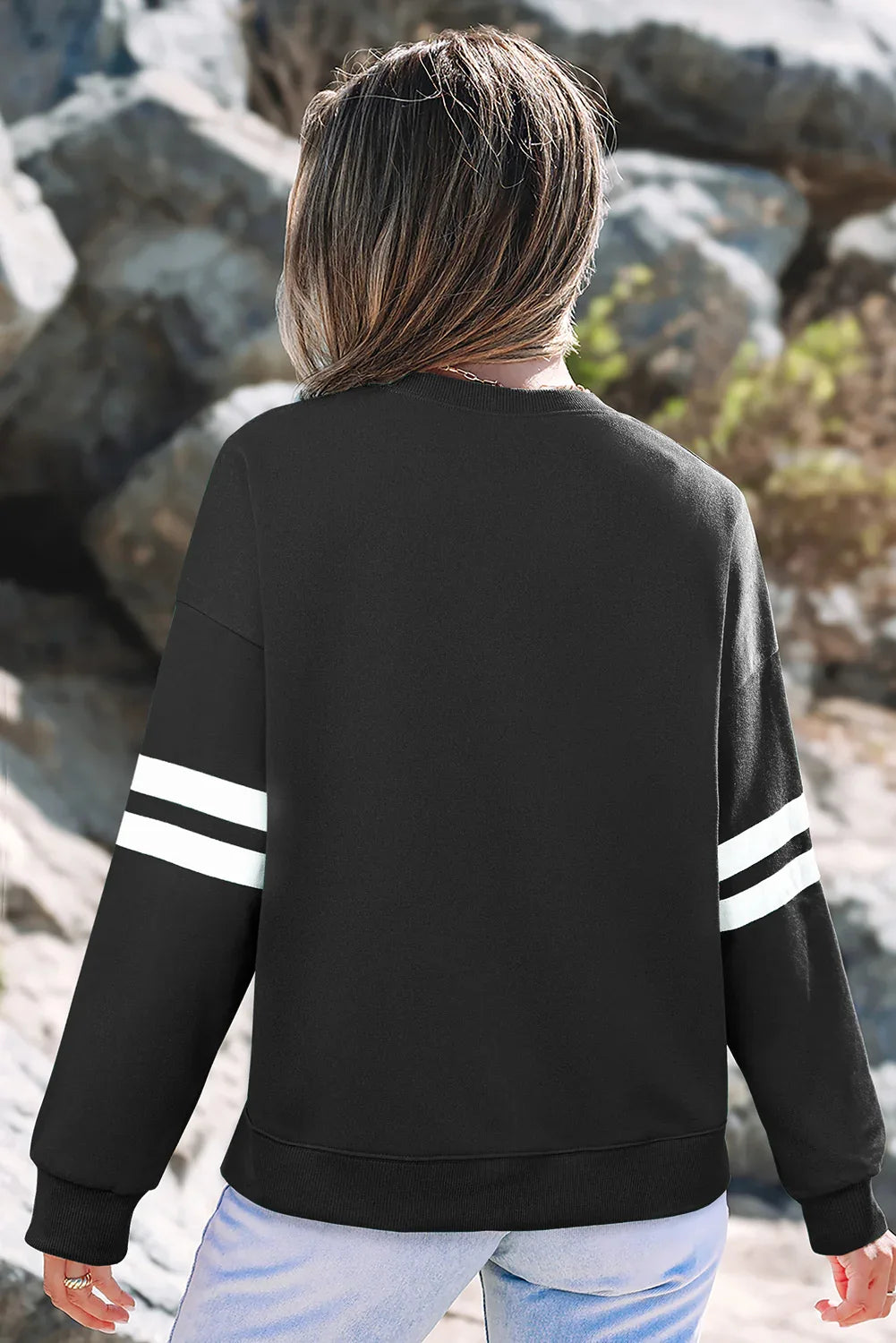 Black Varsity Striped Detail Drop Shoulder Oversized Sweatshirt - MarkoFit