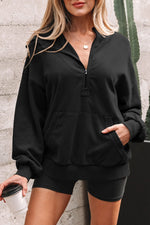 Black Half Zip Kangaroo Pocket Mineral Wash Baggy Hoodie - MarkoFit