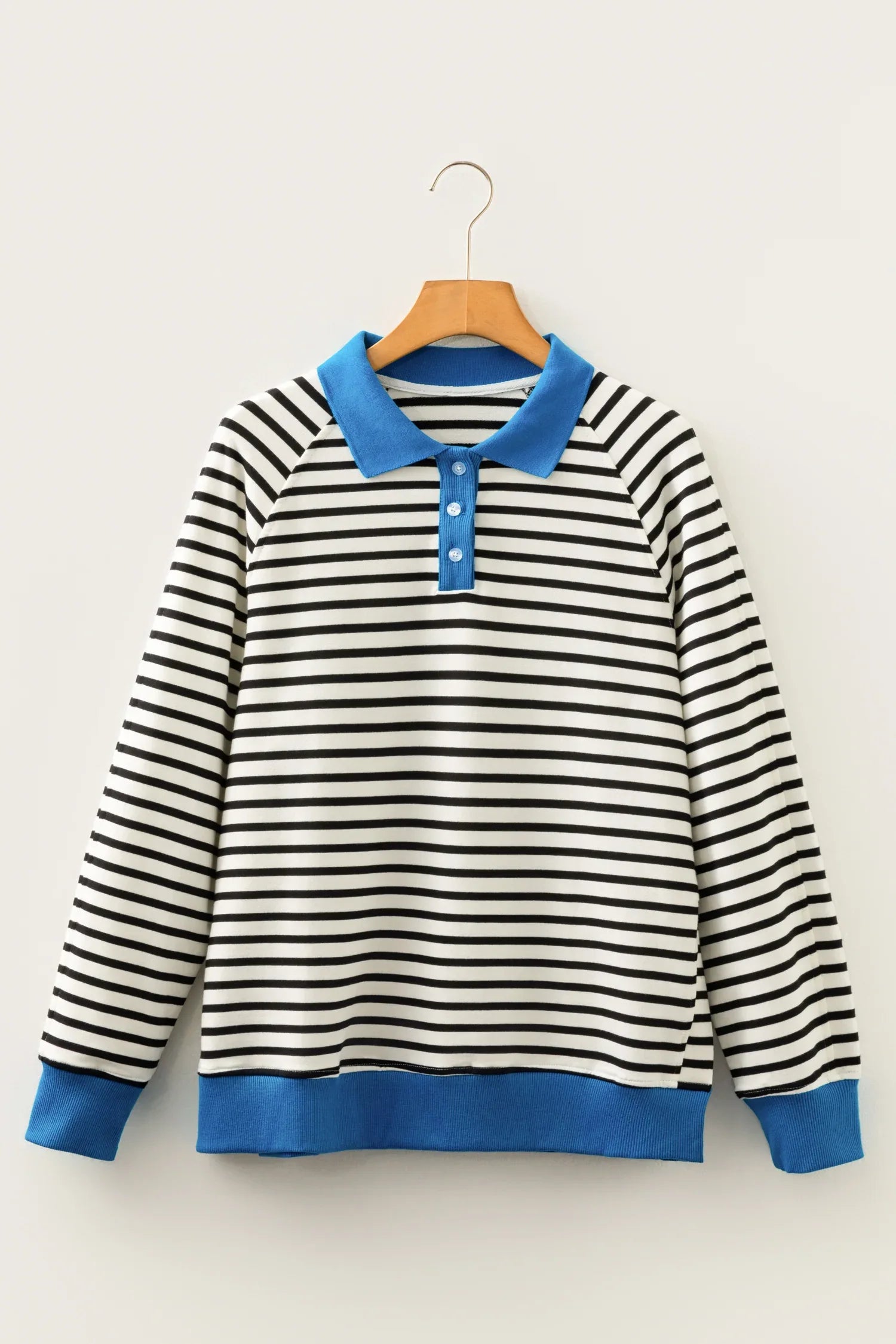 Black Stripe Color Block Patchwork Button Polo Collar Side Slit Sweatshirt - MarkoFit