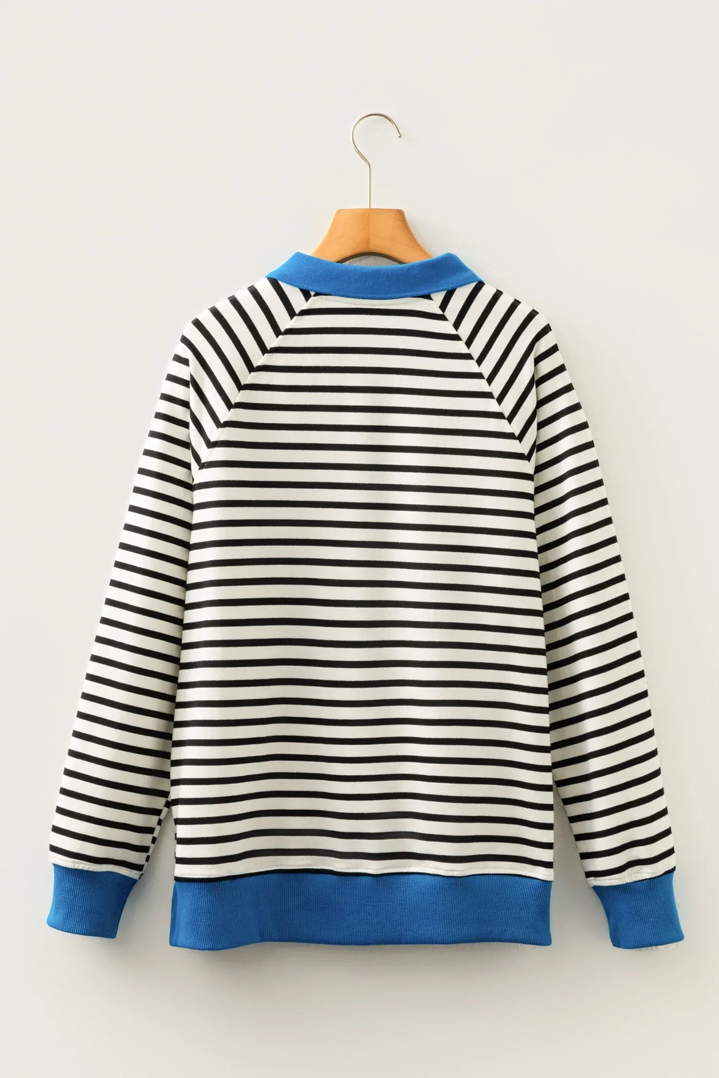 Black Stripe Color Block Patchwork Button Polo Collar Side Slit Sweatshirt - MarkoFit